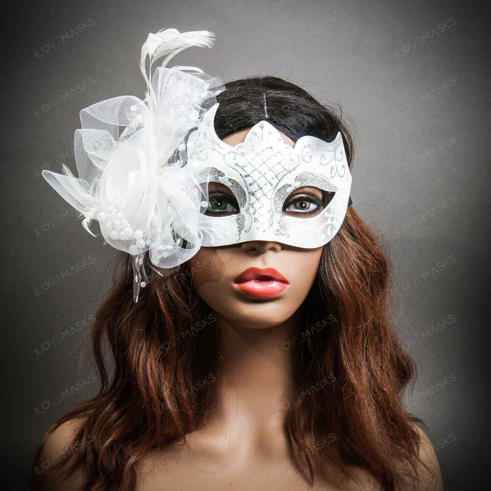 Flower Venetian Carnival Feather Masquerade Mask for Women - White Silver - Picture 2 of 5